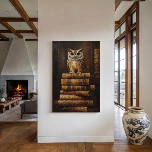 Wise Owl on Antique Books – Dark Academia Wall Art, Vintage Library Print, Scholar’s Study Decor