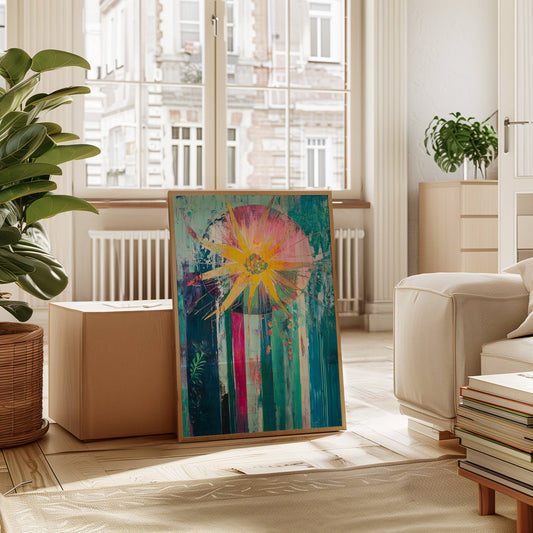 Sunflower Bursts Through Turquoise Rain