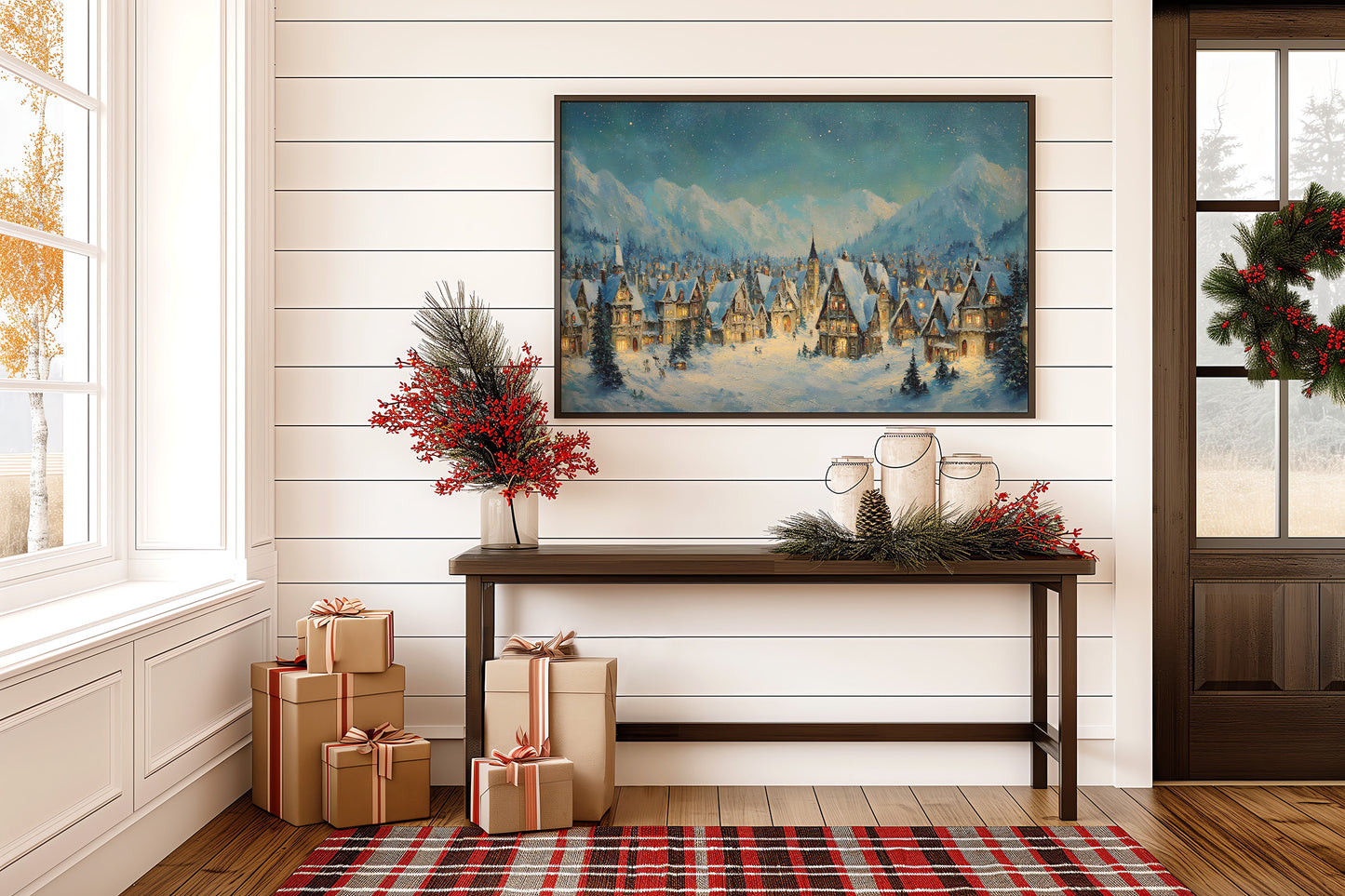 Winter Village Glows Under Mountain Stars