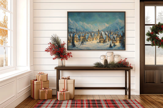 Winter Village Glows Under Mountain Stars