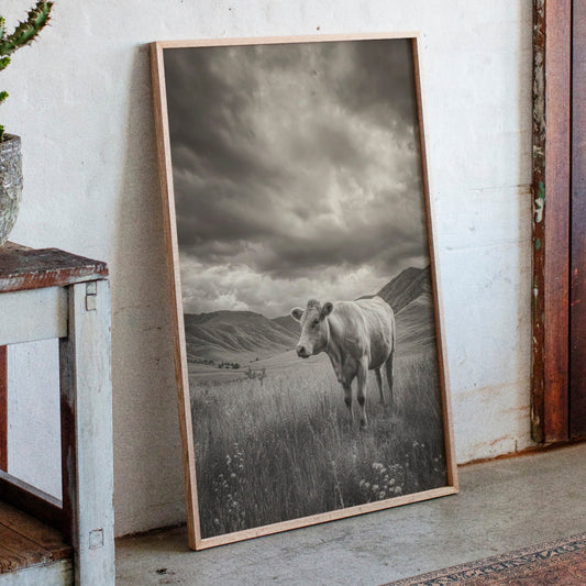 Framed black and white artwork of a cow in a field on a rustic wall with a wooden bench and potted plant.