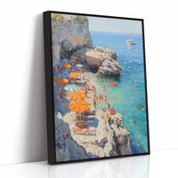 Orange Umbrellas Line Mediterranean Shores