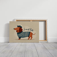 La Vie Est Belle Canvas Art | French Dachshund in Beret & Sweater Print for Living Room, Office or Dog Lover Décor