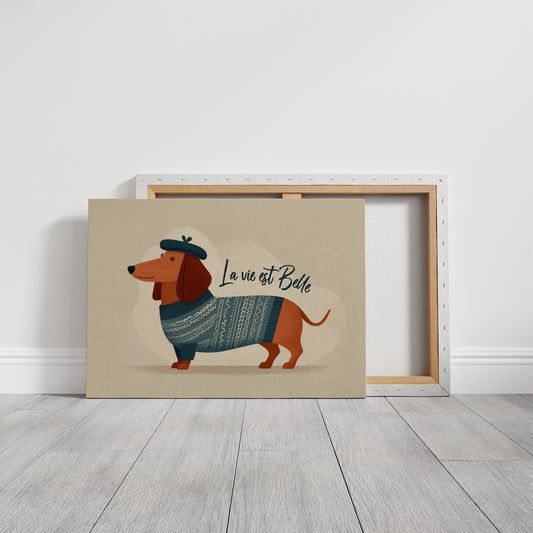 La Vie Est Belle Canvas Art | French Dachshund in Beret & Sweater Print for Living Room, Office or Dog Lover Décor