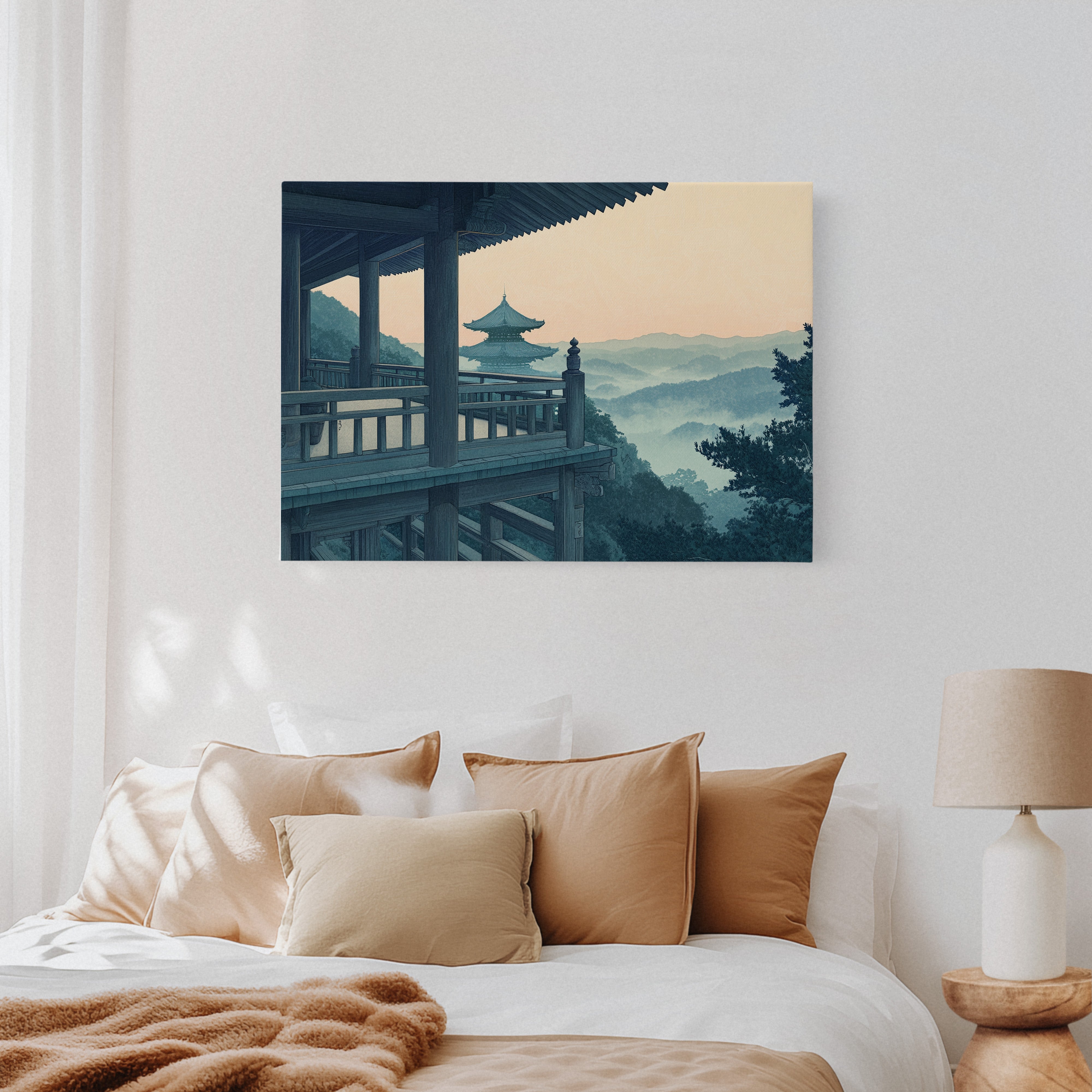 Japanese Temple Balcony – Serene Misty Mountain View Wall Art