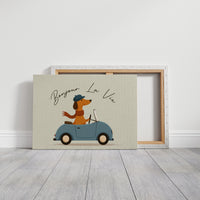Bonjour La Vie Canvas Art | French Dachshund Driving Convertible Print for Living Room, Office or Dog Lover Décor