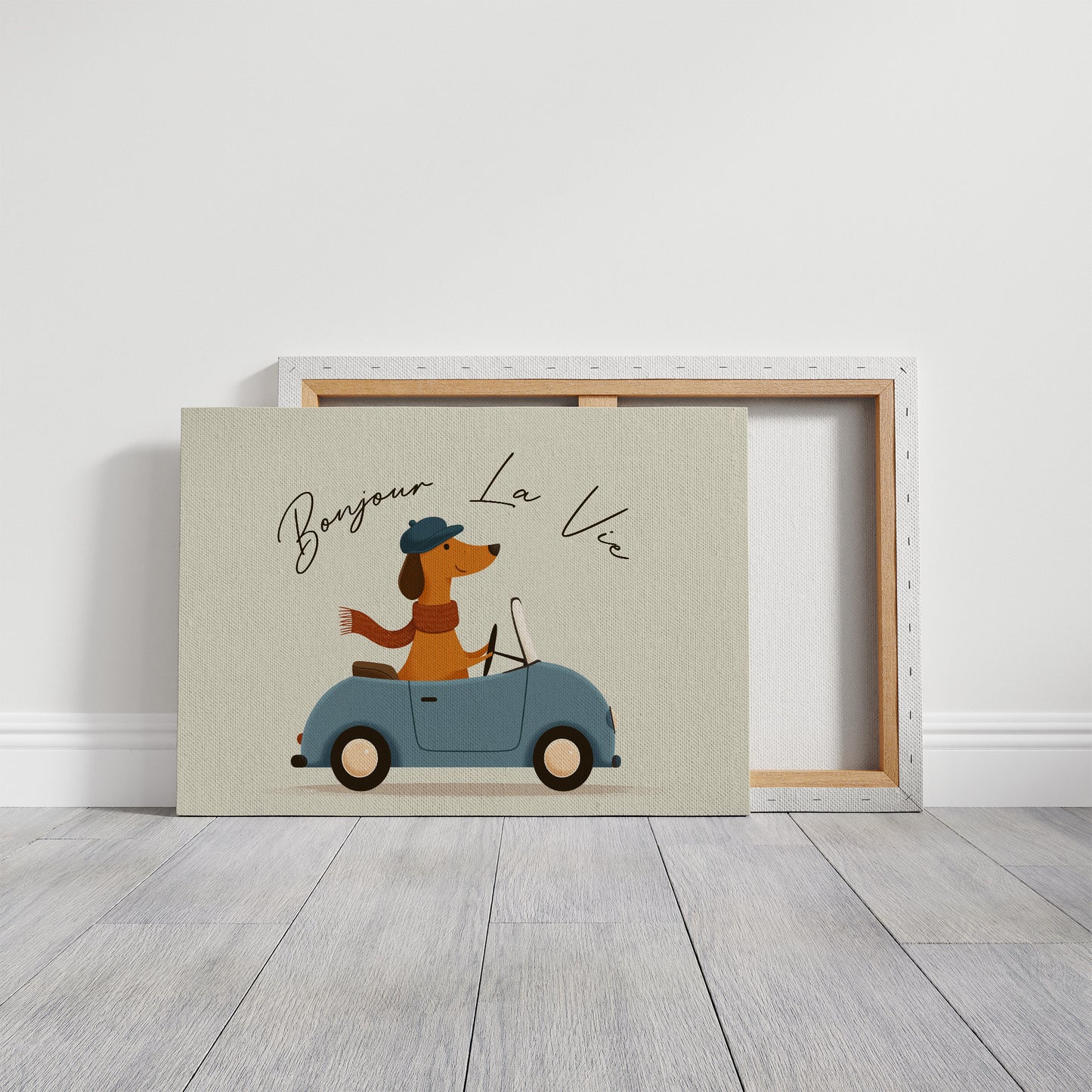 Bonjour La Vie Canvas Art | French Dachshund Driving Convertible Print for Living Room, Office or Dog Lover Décor
