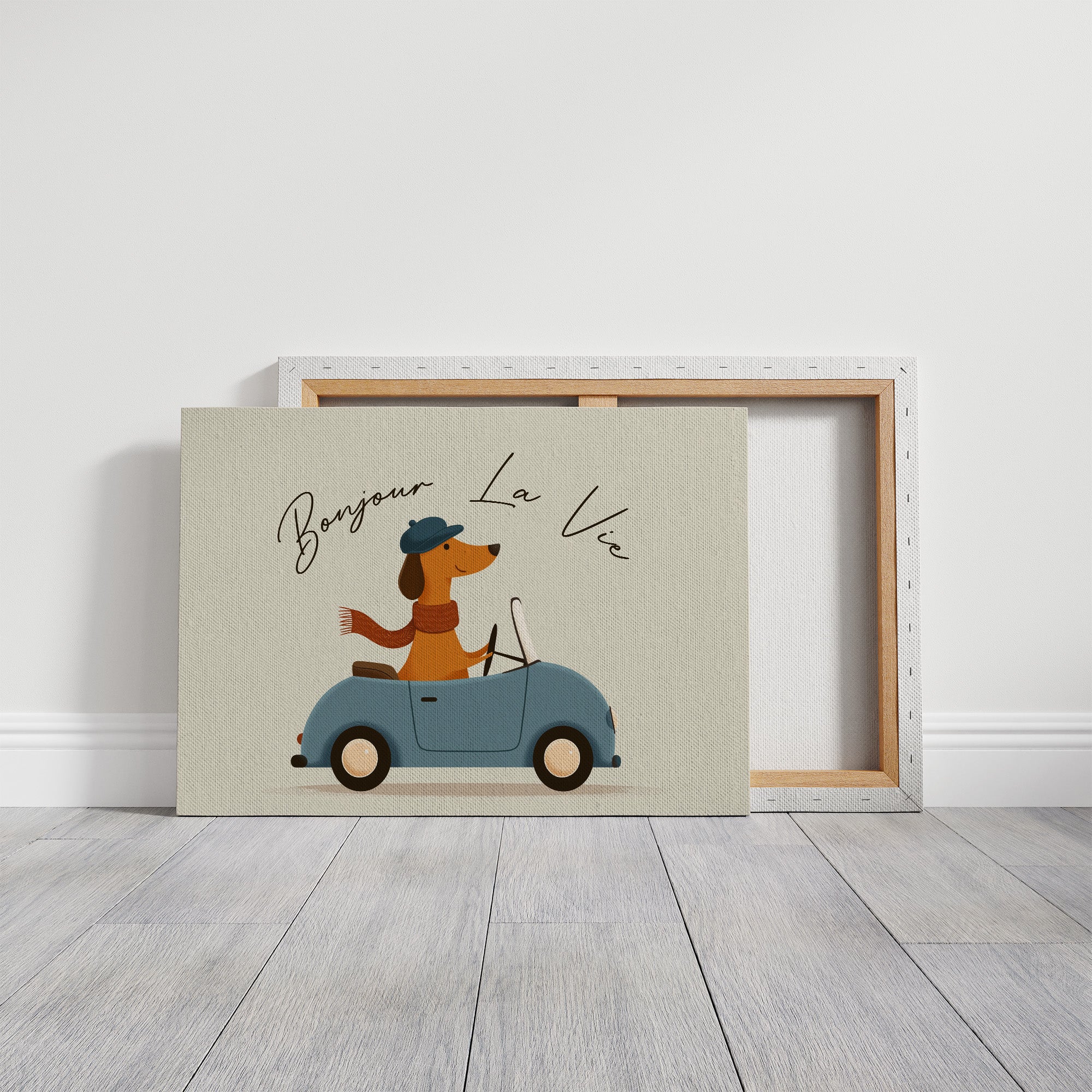 Bonjour La Vie Canvas Art | French Dachshund Driving Convertible Print for Living Room, Office or Dog Lover Décor