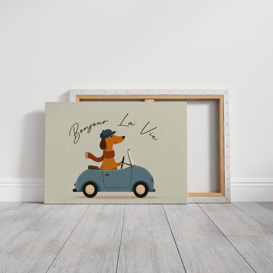 Bonjour La Vie Canvas Art | French Dachshund Driving Convertible Print for Living Room, Office or Dog Lover Décor