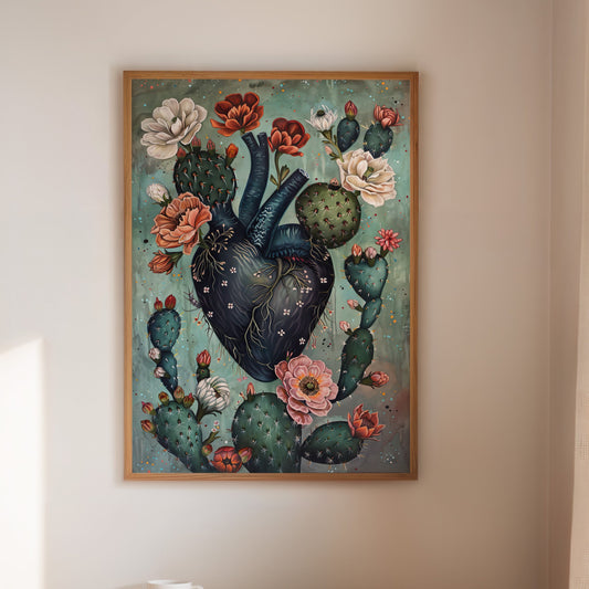 Cactus Heart Bloom – Surreal Botanical Art, Dark Floral Wall Decor