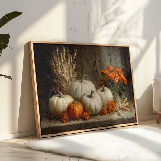 White Pumpkins Among Marigold Flames
