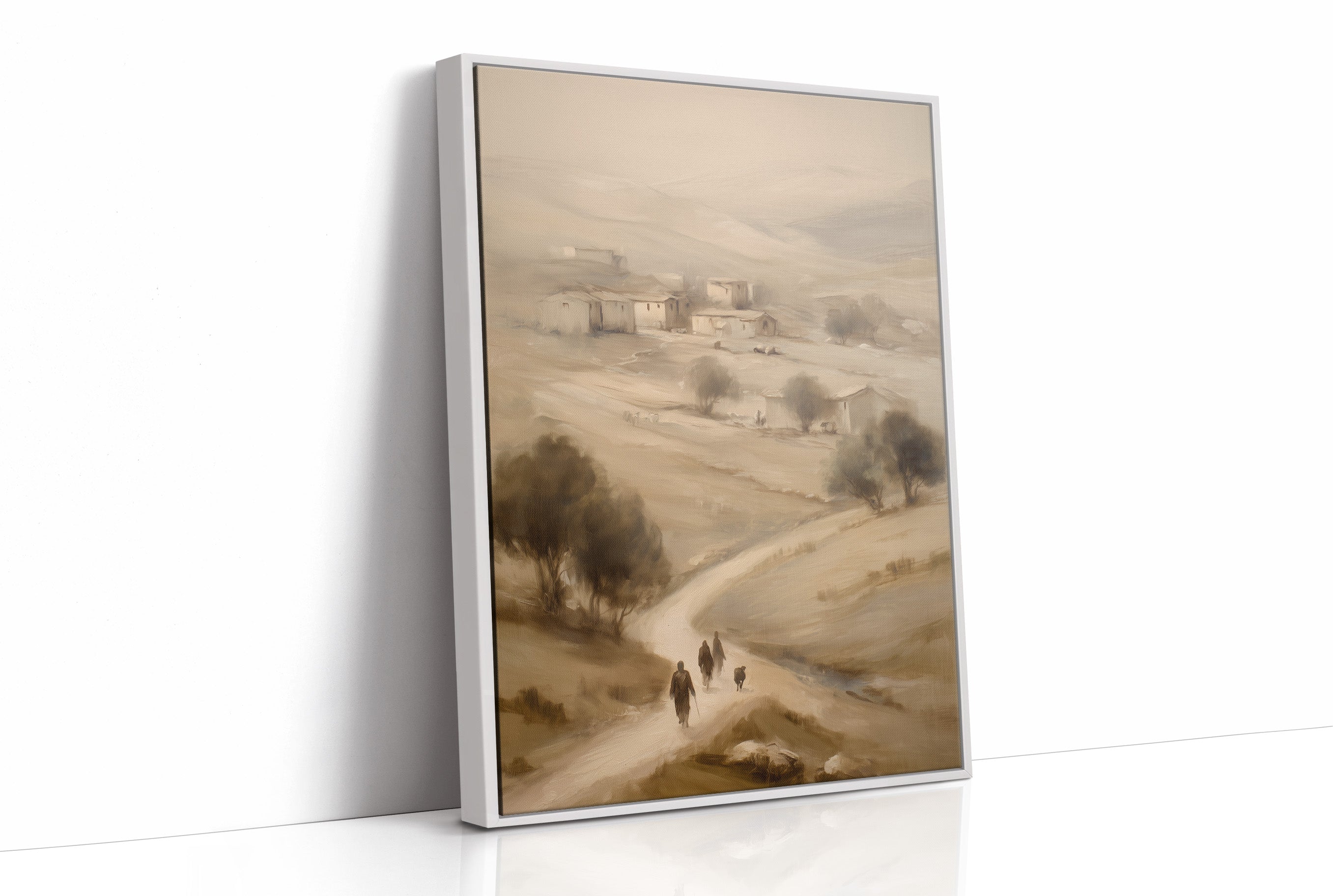 Travelers On Misty Village Path