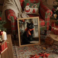 Midnight Cat Wears Holiday Ribbons