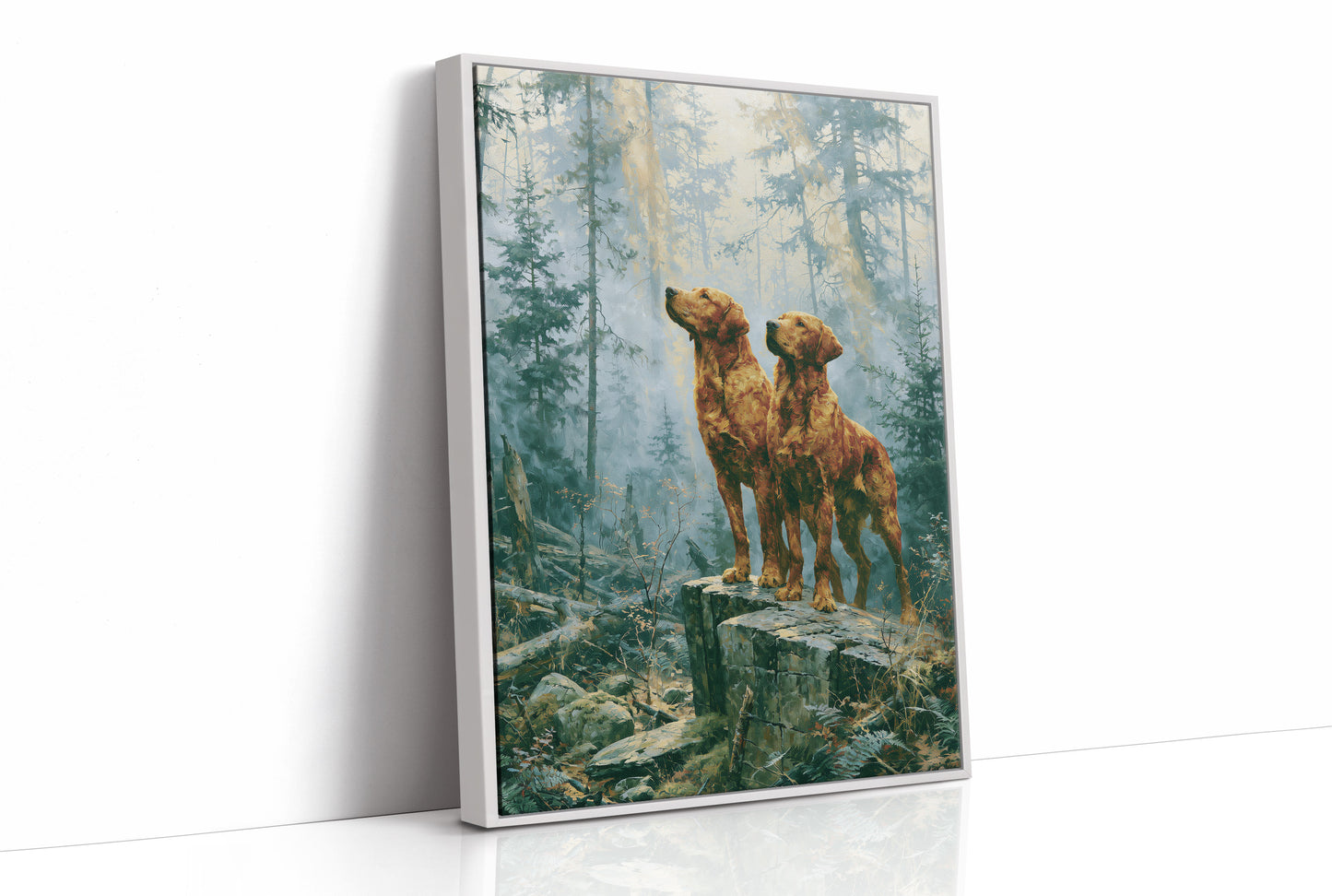 Retrievers Gazing Skyward in the Blue Forest