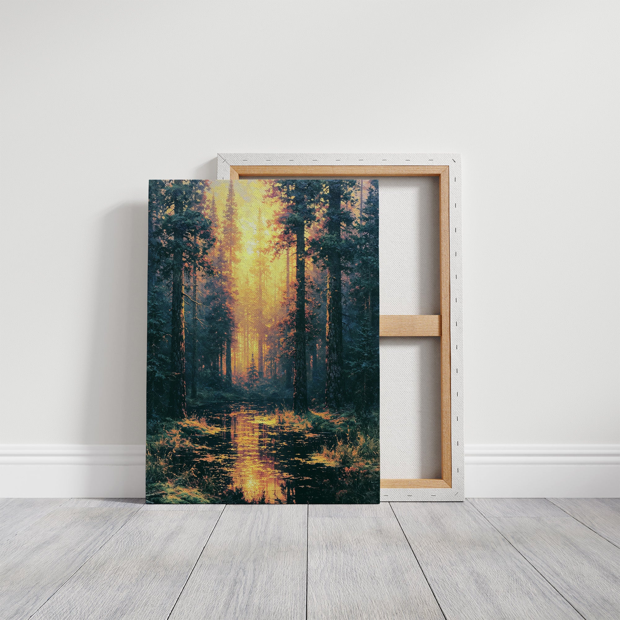 Blazing Grove: Impasto Forest Stream at Sunset
