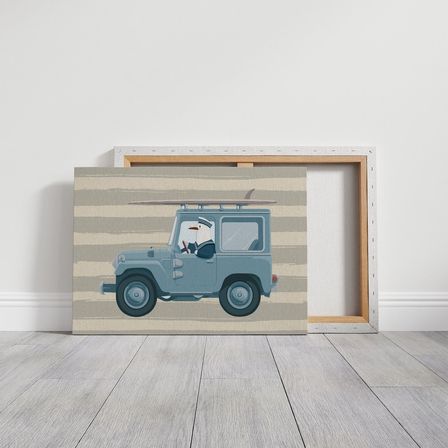 Surfing Seagull Canvas Art | Coastal Bird Driving Jeep with Surfboard Print for Beach House, Kids Room or Nautical Décor