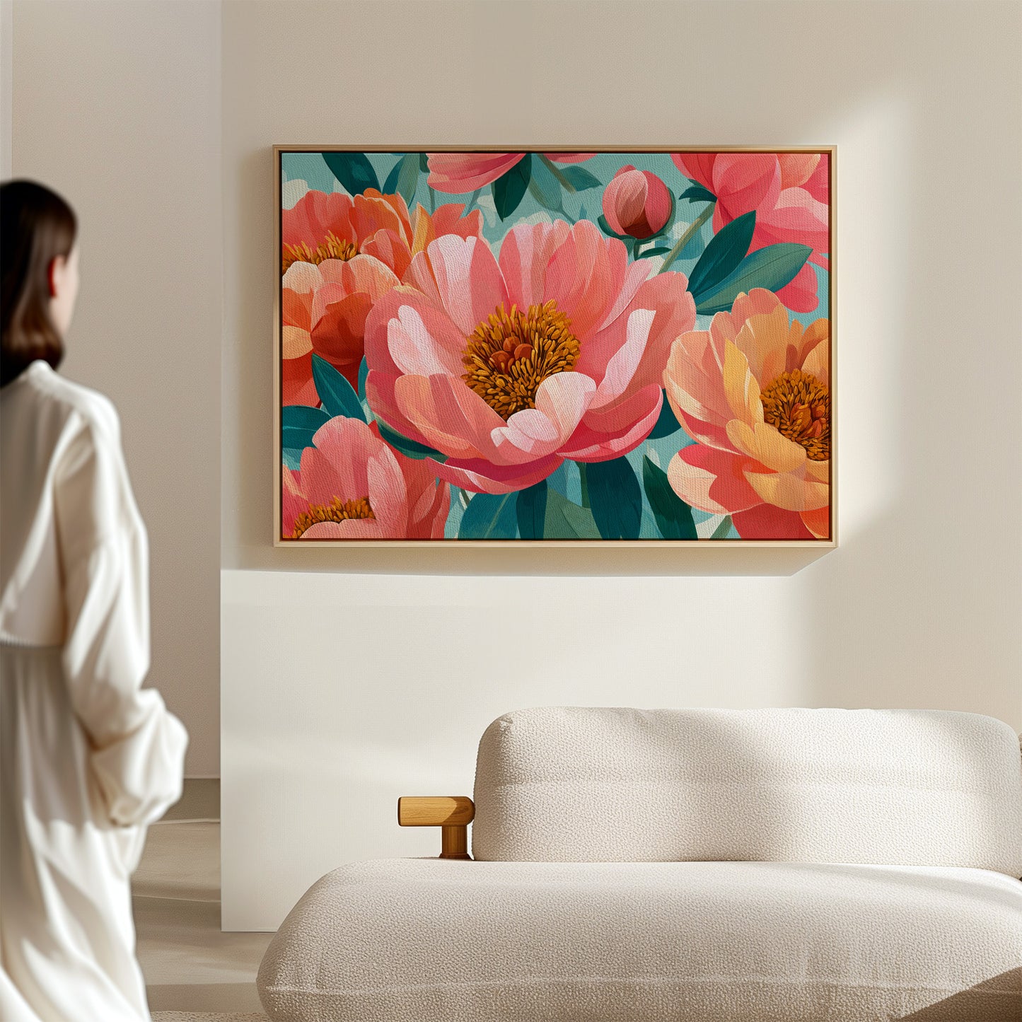 Coral Peonies Dance In Turquoise