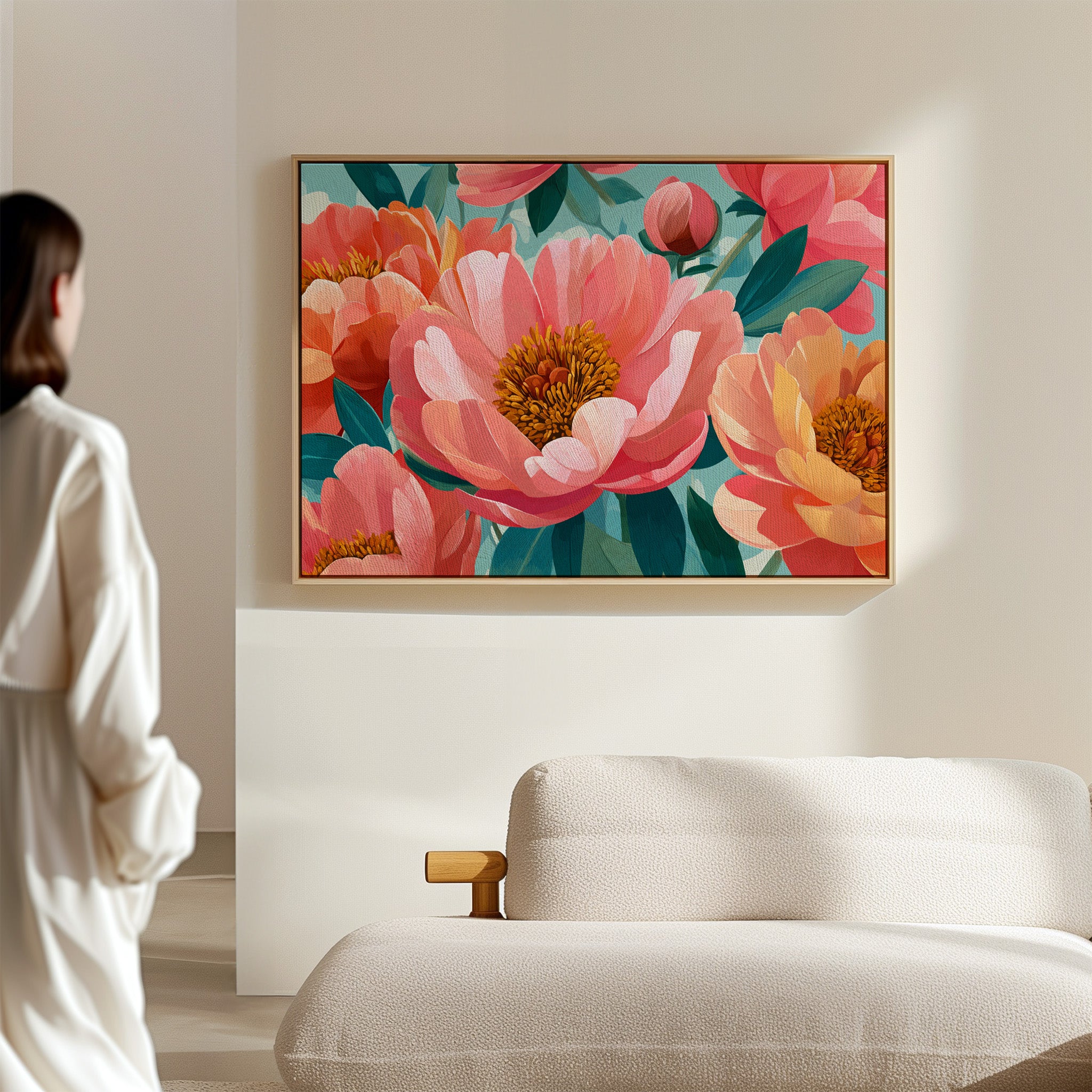 Coral Peonies Dance In Turquoise