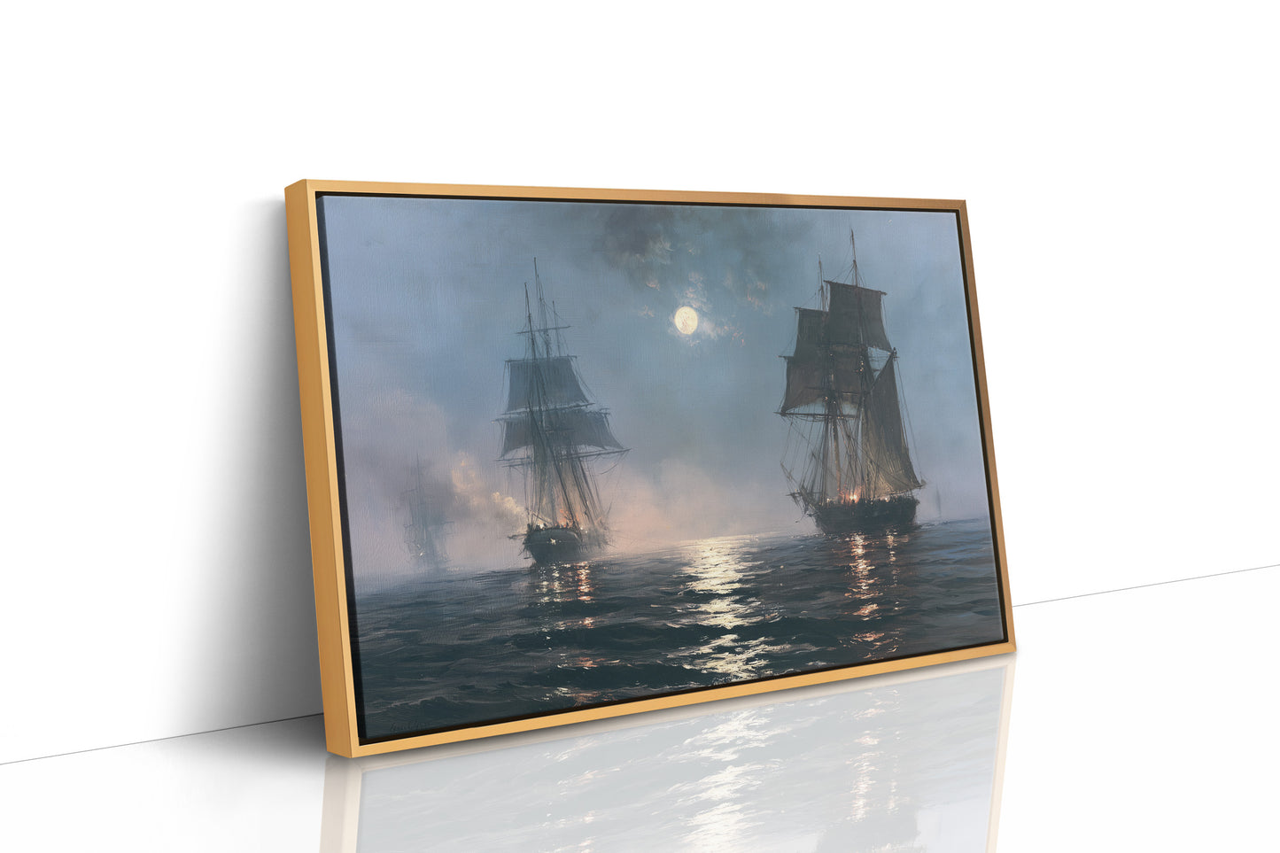 Tall Ships Under a Hazy Moon