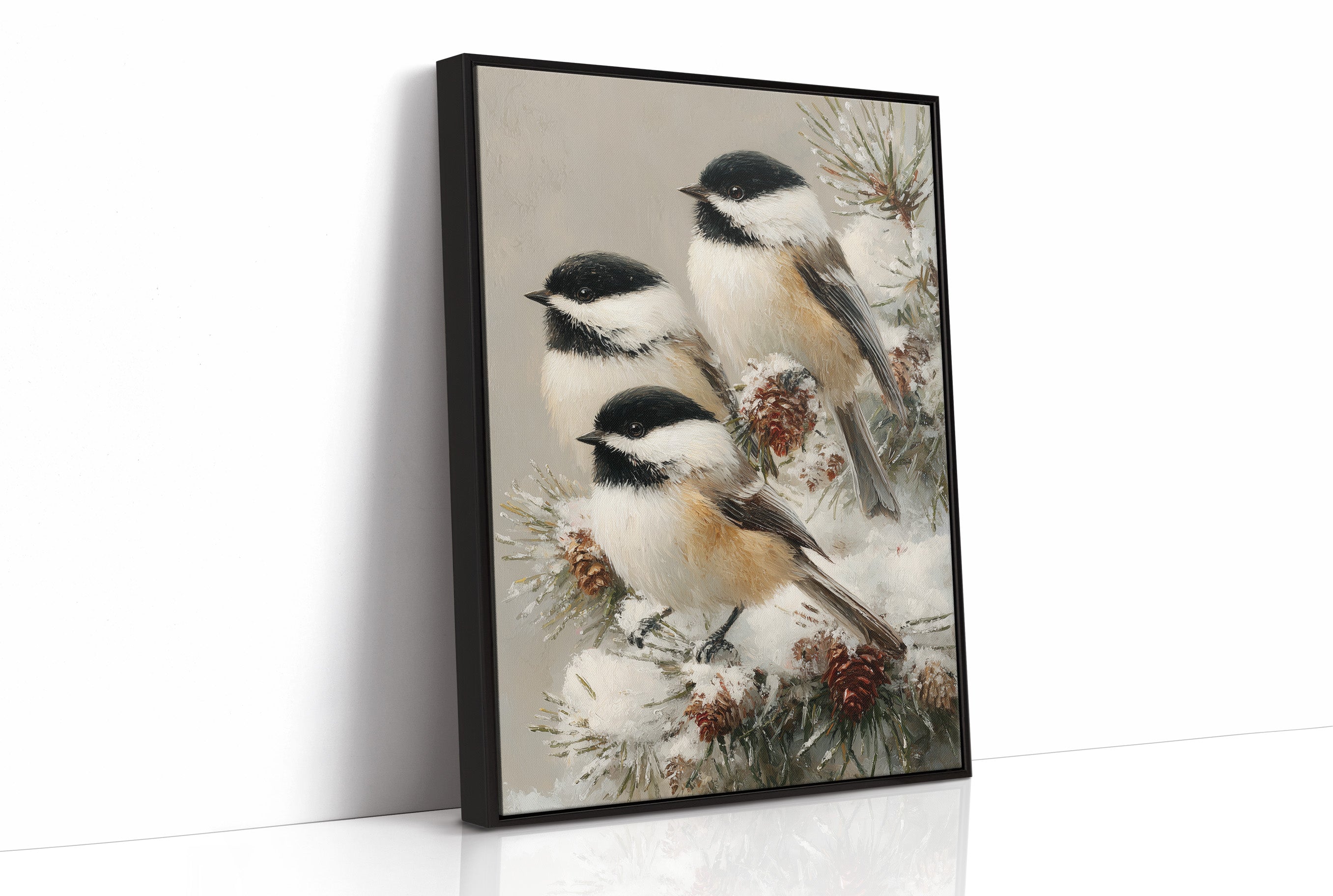 Chickadees on Frosted Pine