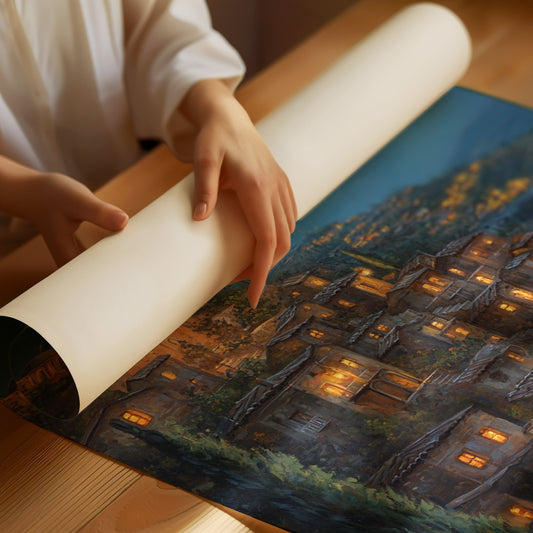 Starry Night Village Canvas Print - Enchanting Landscape Art - Matte Poster image 1