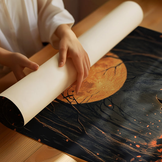 Witch Under Full Moon Art Print - Enchanting Autumn Scene - Matte Poster image 1