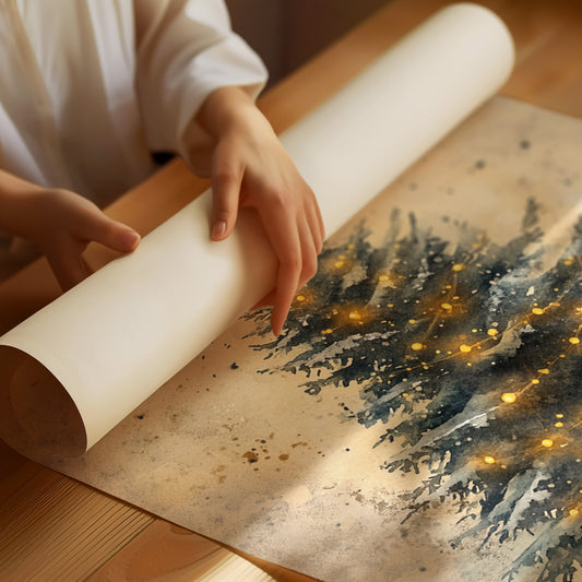 Glowing Christmas Tree Watercolor Print - Festive Wall Art - Matte Poster image 1