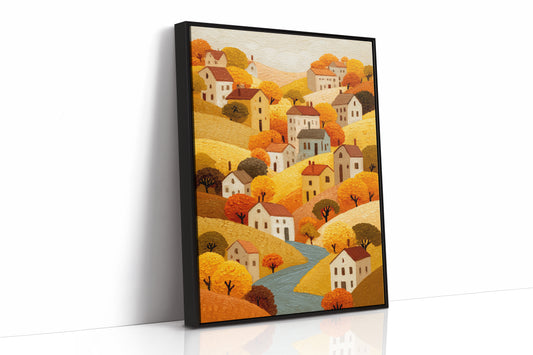 Autumn River Winds Through Village