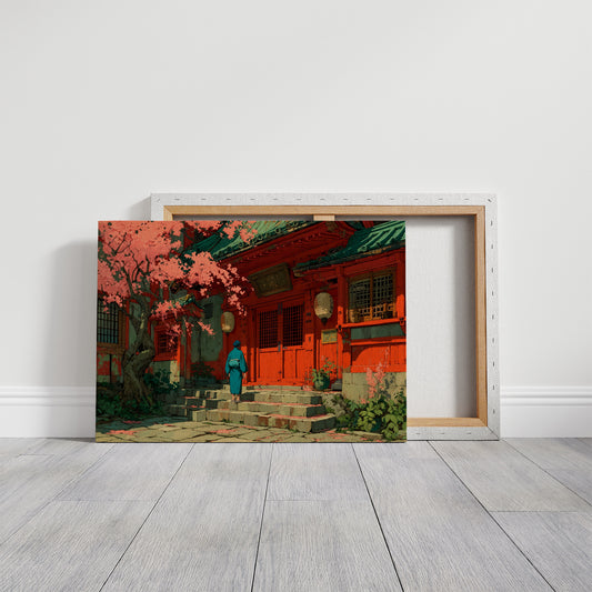 Cherry Blossoms Dance At Temple Steps