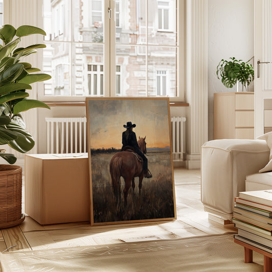 Back to the Prairie – Cowgirl on Horse at Dusk