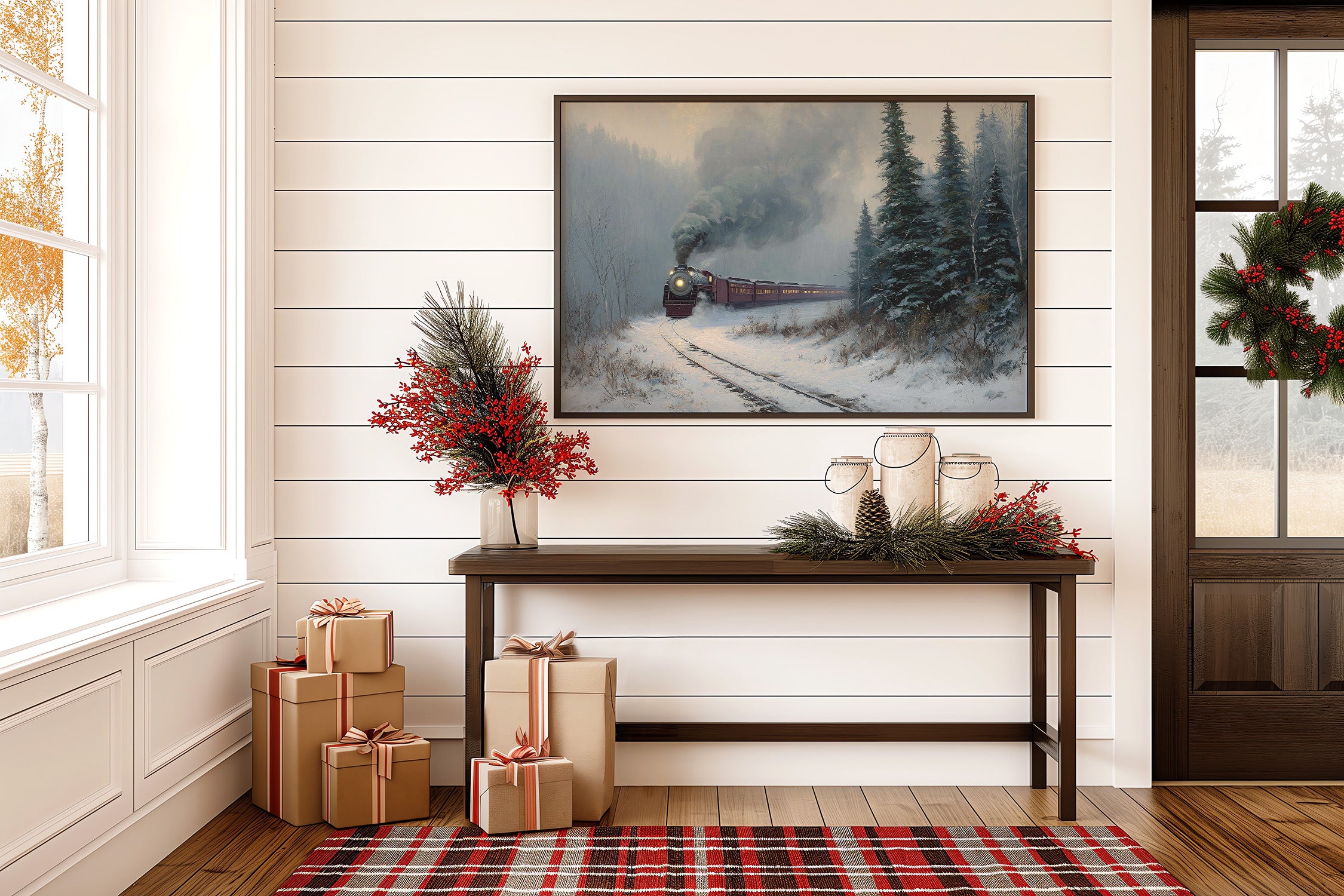 Winter Steam Curves Through Pine Forest