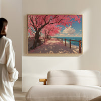 Cherry Blossoms Dance Above Ocean Paths