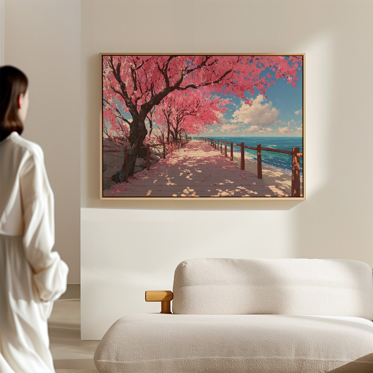 Cherry Blossoms Dance Above Ocean Paths