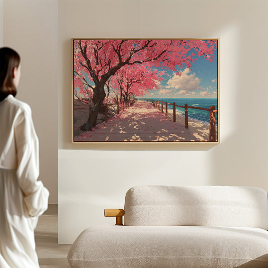 Cherry Blossoms Dance Above Ocean Paths