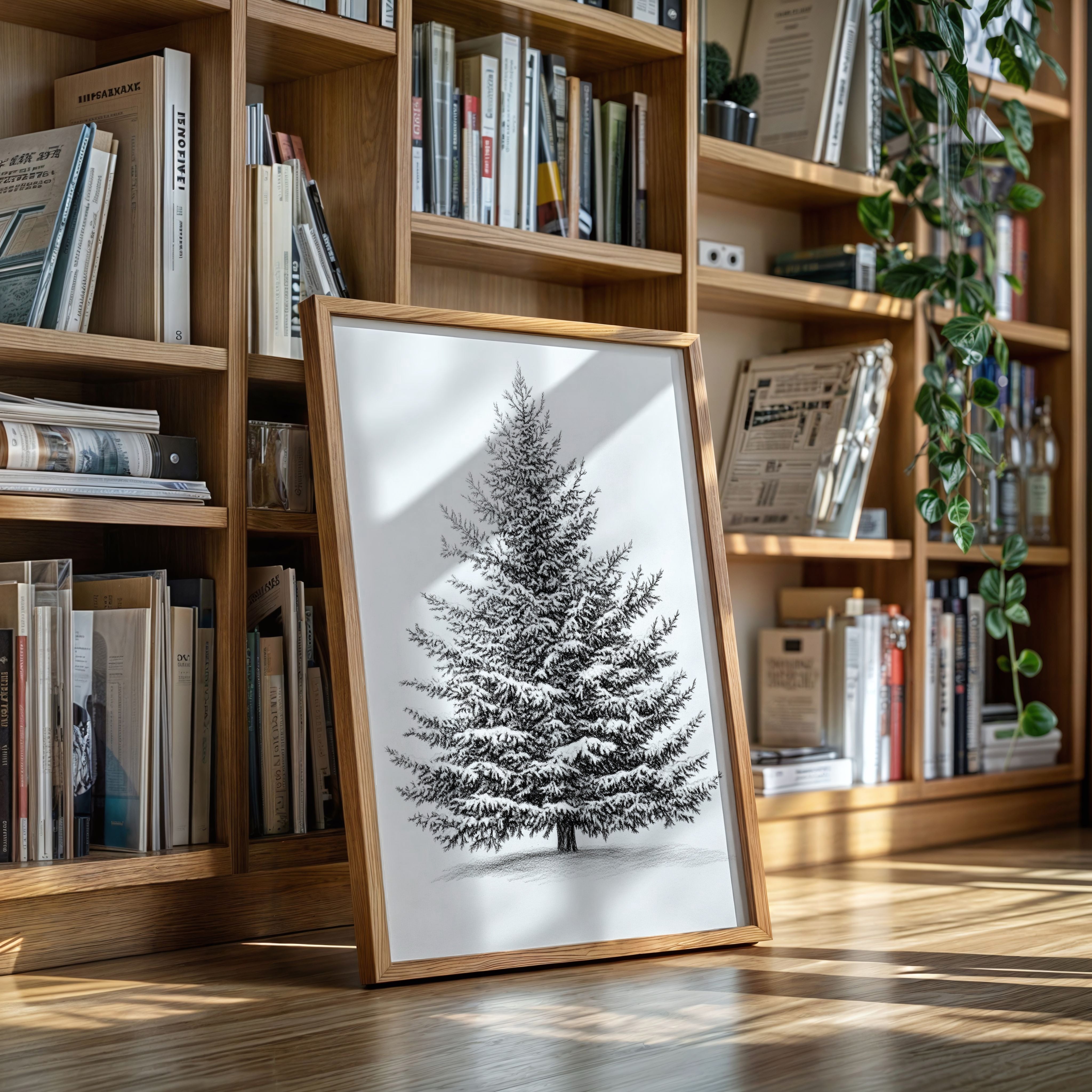 Snow-Covered Pine Tree Drawing - Winter Botanical Art - Gallery Canvas image 11