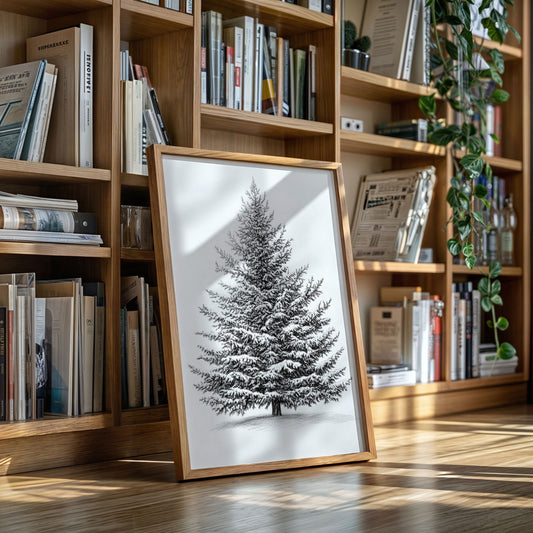 Snow-Covered Pine Tree Drawing - Winter Botanical Art - Gallery Canvas image 11