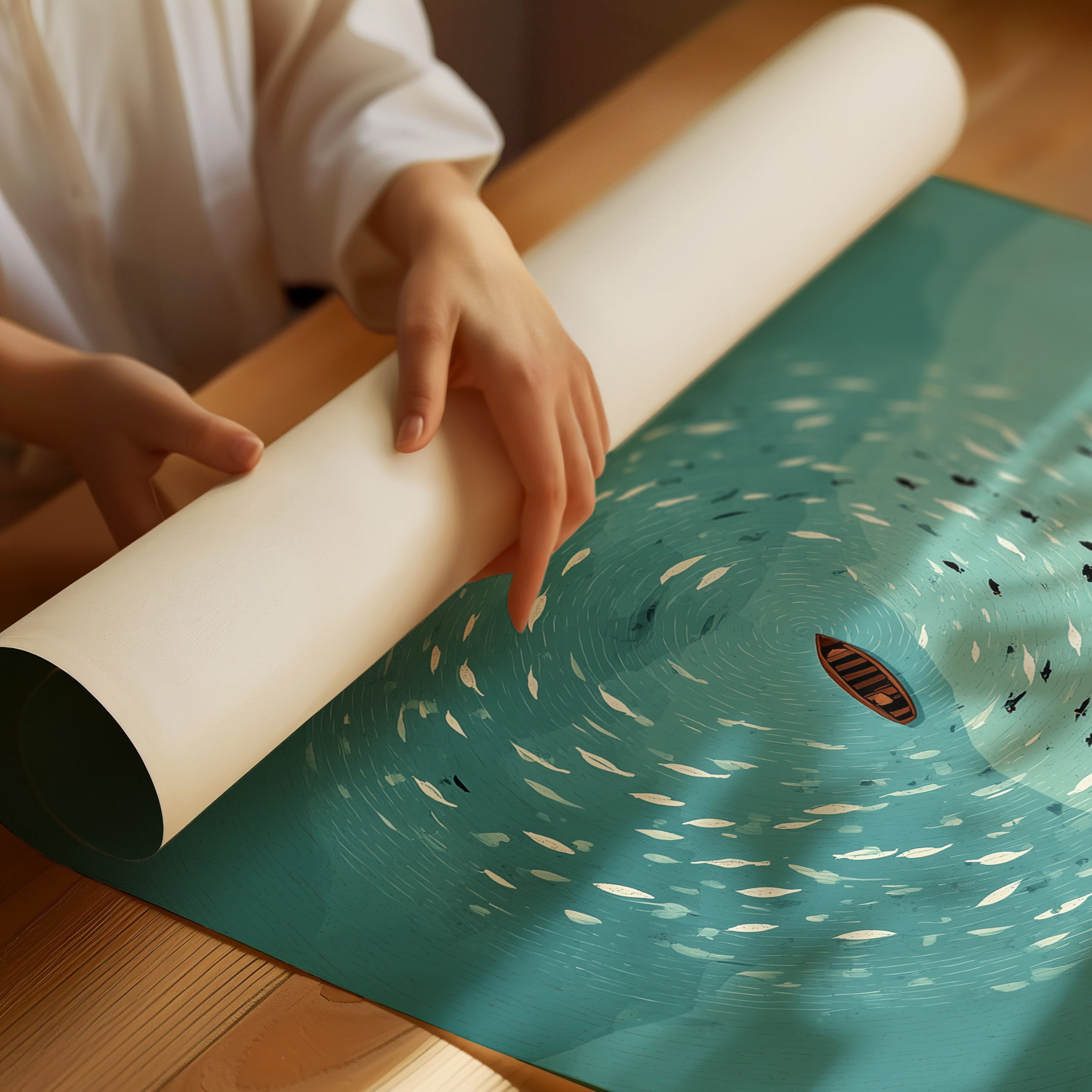 Solitary Vessel Amid Swirling Shoals