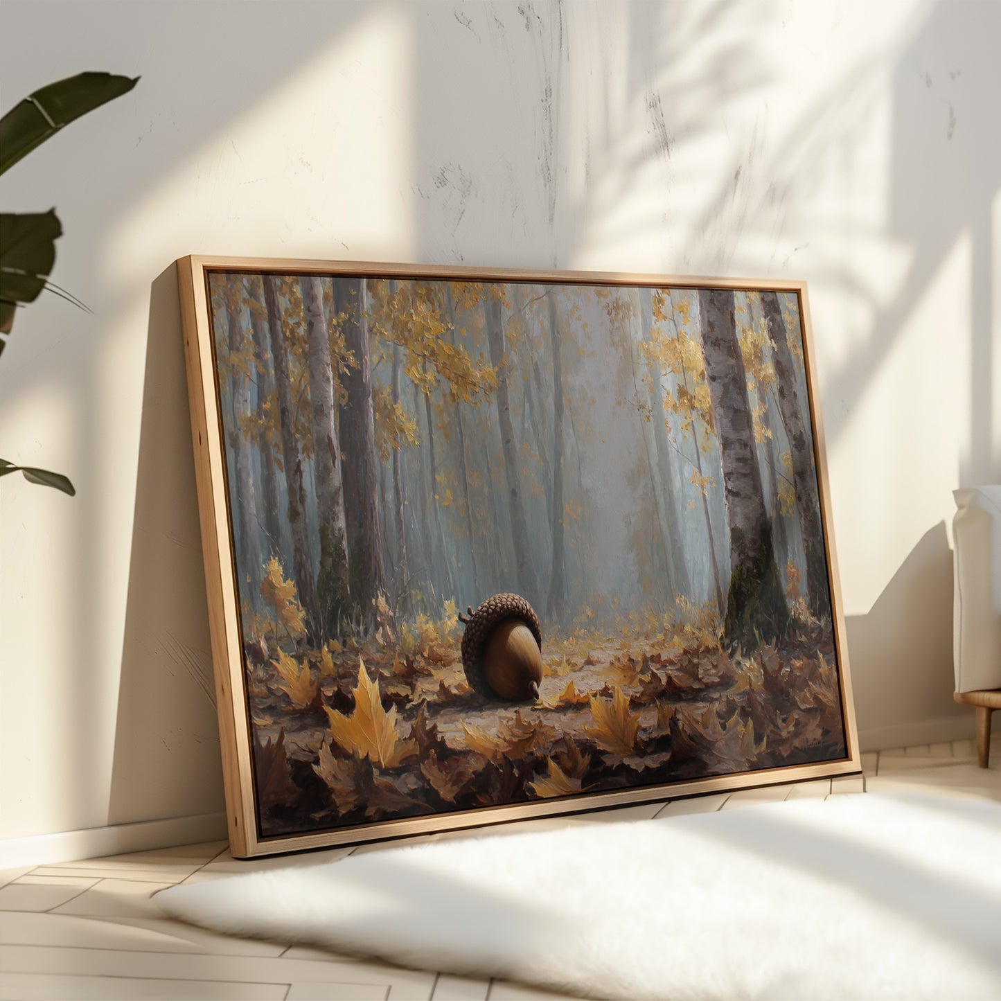 Giant Acorn Rests Among Birch Trees