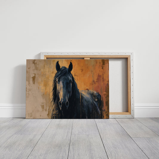Midnight Stallion Against Amber Sky