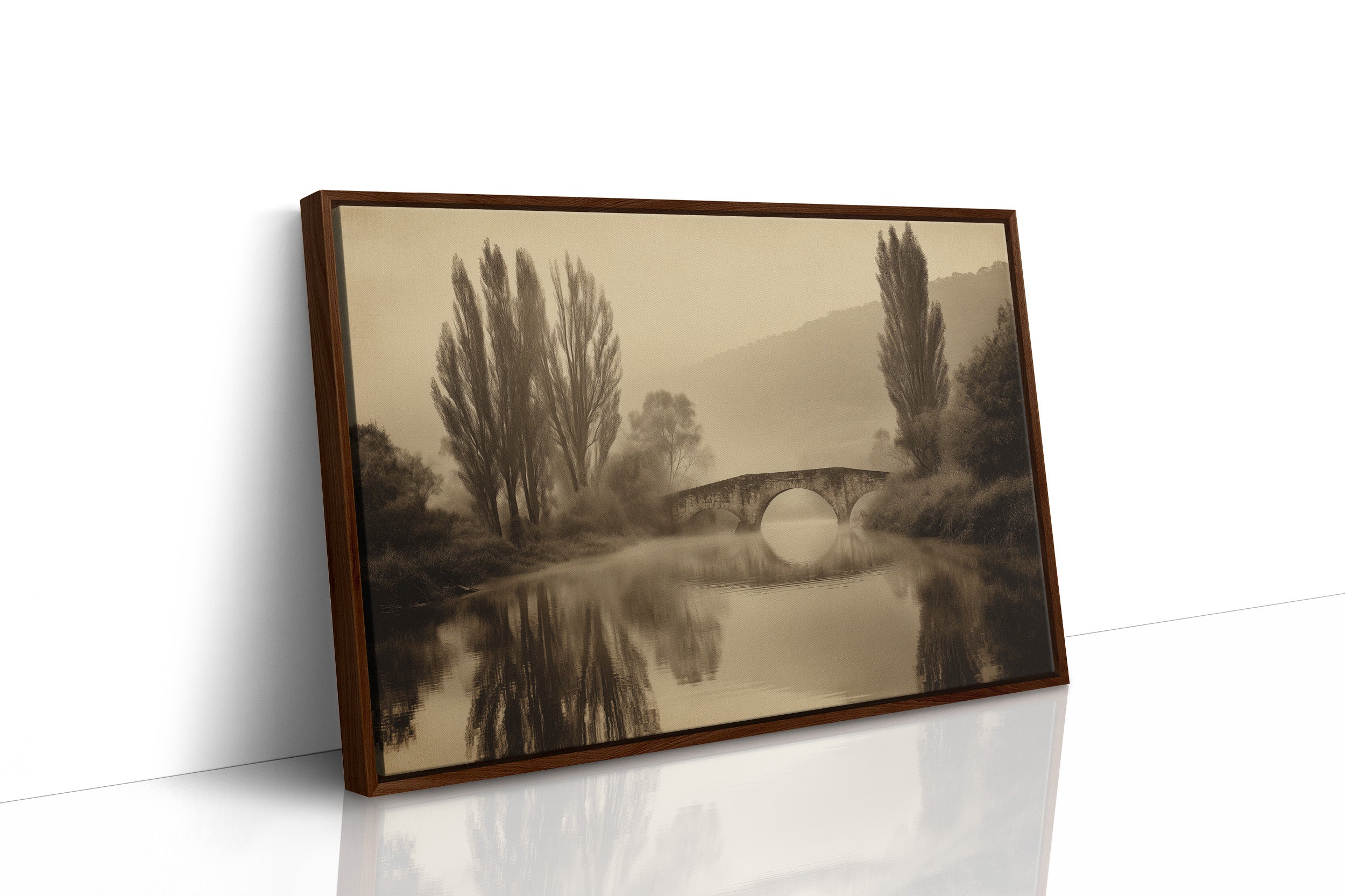 Foggy Bridge Among Tall Poplars