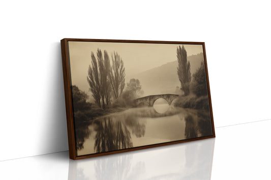 Foggy Bridge Among Tall Poplars