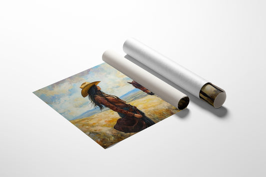 Cowgirl and Her Mustang on the Open Range