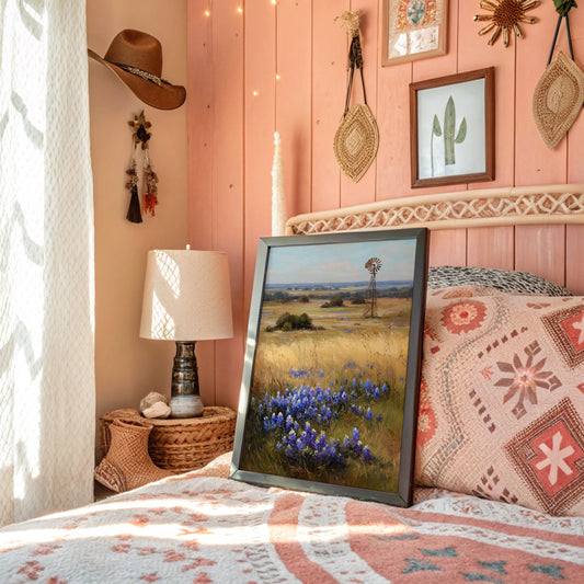 Bluebonnets Dance Near Rustic Windmill