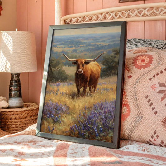 Longhorn Grazes Among Bluebonnet Dreams