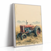 Rusted Red: Tractor at Rest in Golden Grass
