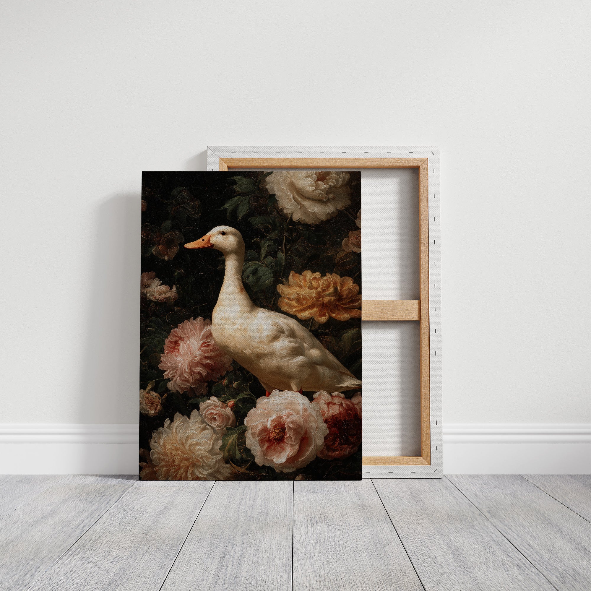 White Duck Among Blooming Peonies