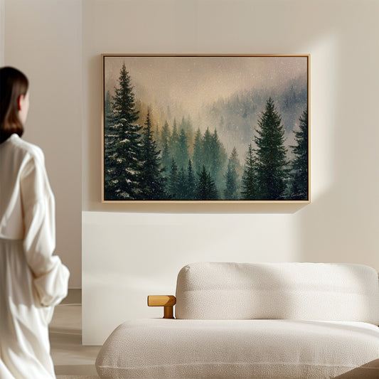 Snow Dances Through Evergreen Light