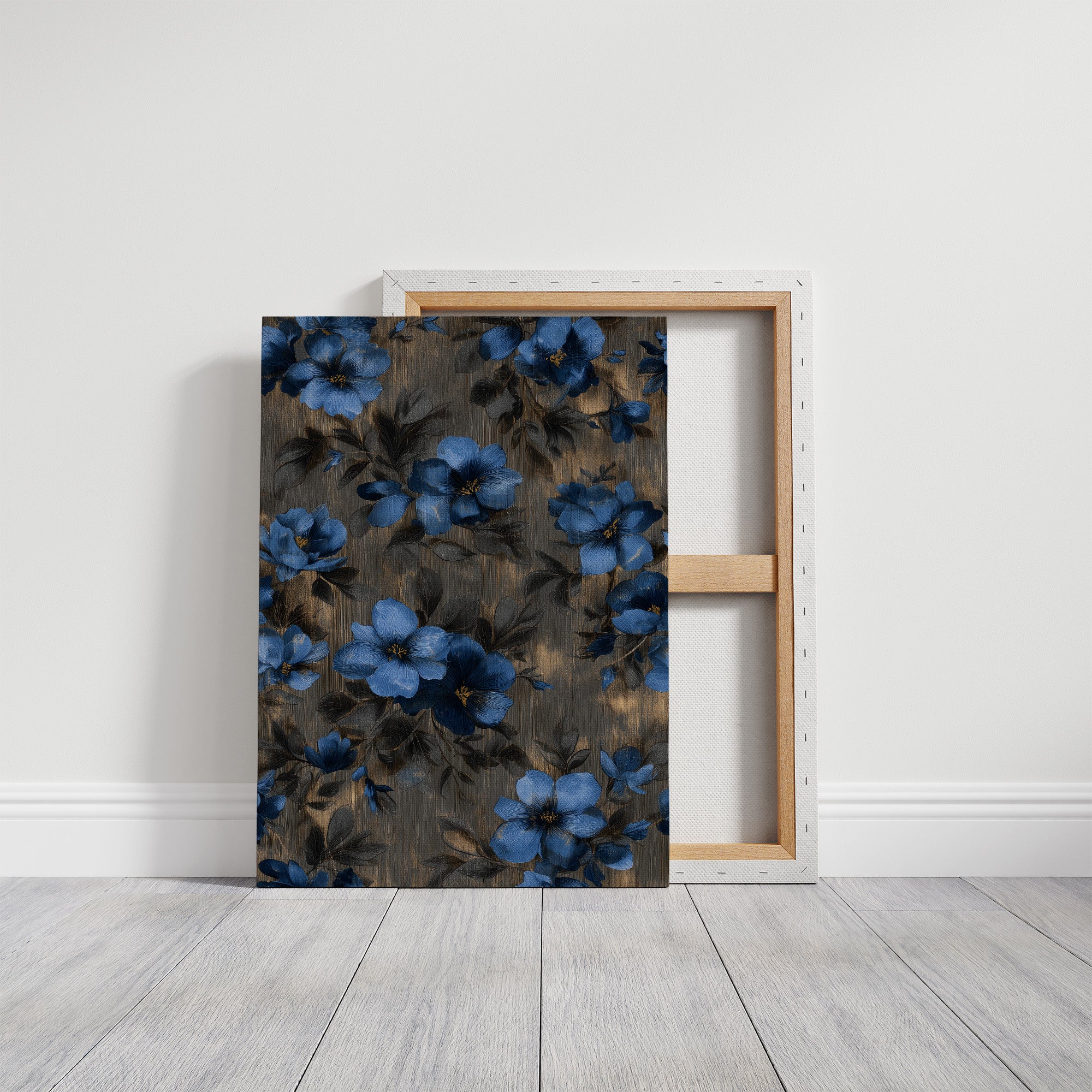 Midnight Blooms Against Golden Wood