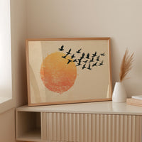 Minimalist Japanese Birds & Sun Print – Vintage Ink Illustration