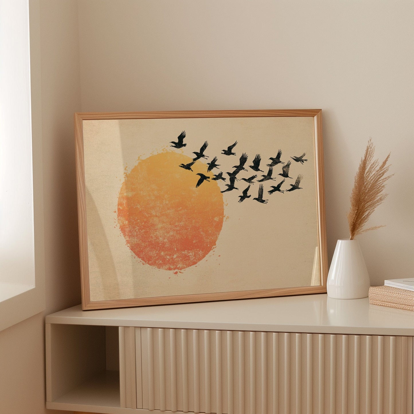 Minimalist Japanese Birds & Sun Print – Vintage Ink Illustration
